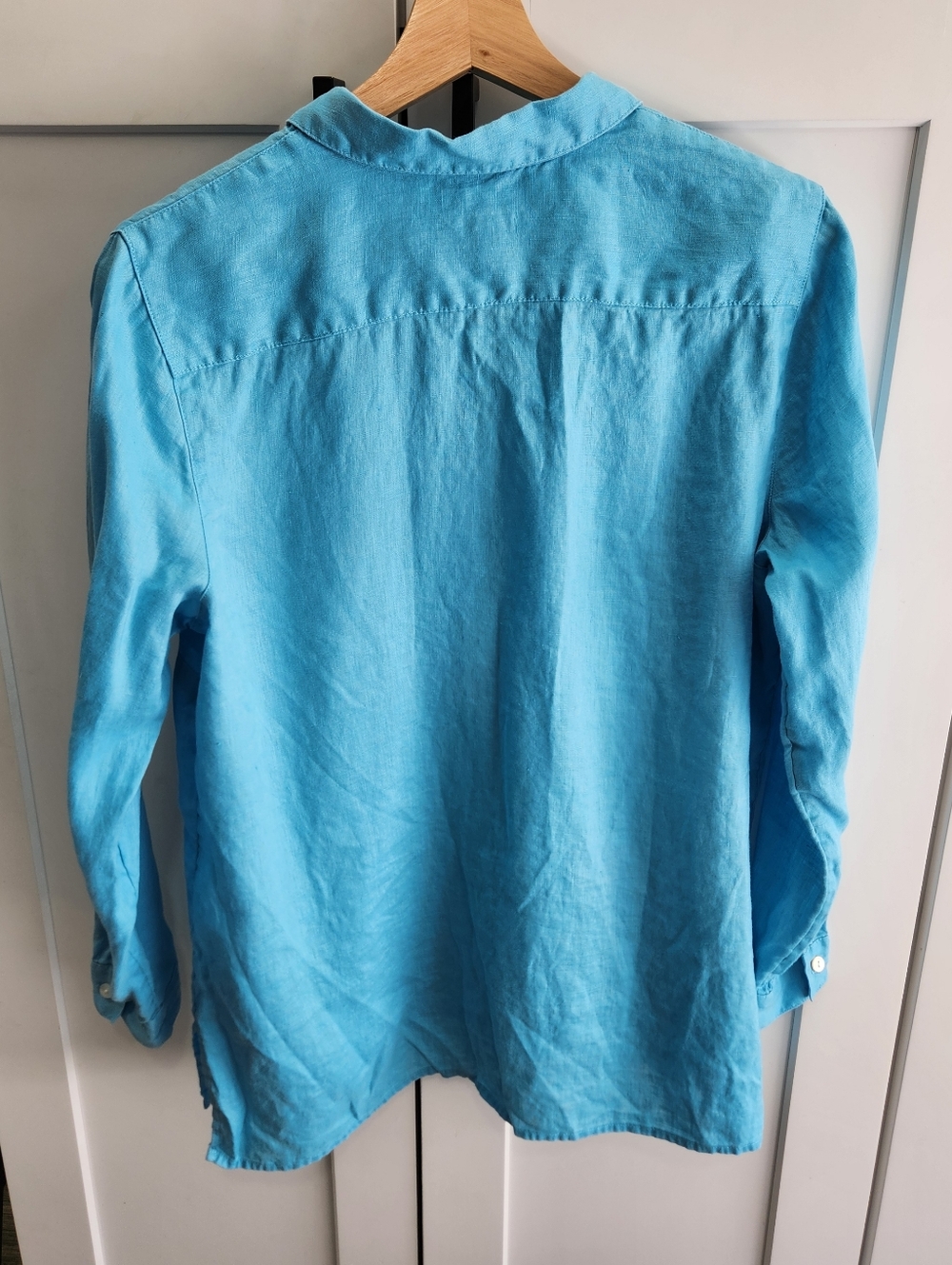J Jill Love Linen Island Blue Button Down Shirt Size Medium Petite - Picture 8 of 9